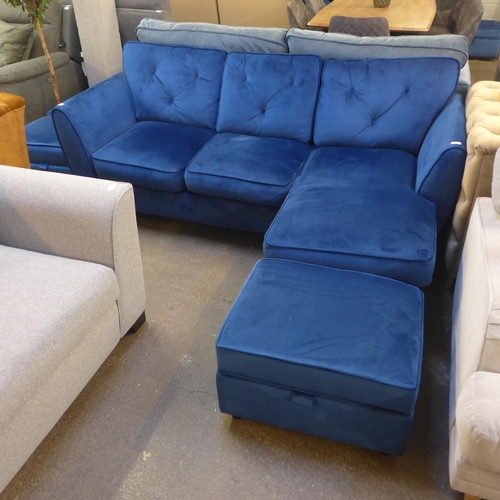 1452 - A Hoxton blue velvet upholstered RHF corner sofa/chaise and ottoman footstool