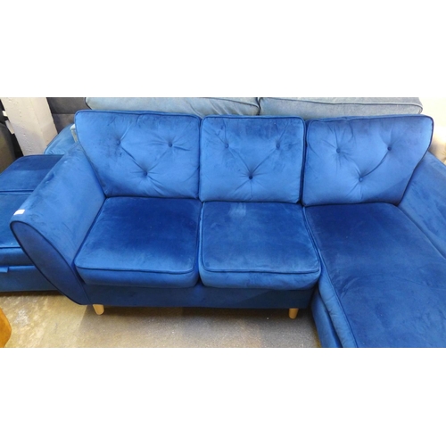 1452 - A Hoxton blue velvet upholstered RHF corner sofa/chaise and ottoman footstool