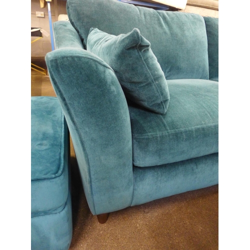 1460 - A Luna teal velvet upholstered three seater sofa on dark turned oak legs