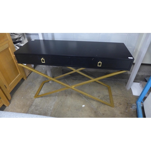 1464 - A black two drawer console table with gold legs