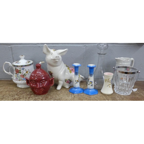 1168 - A collection of assorted china including a Queen's teapot, a model of a pig, beetroot face pot, etc.... 