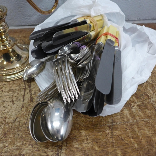 1169 - Two plated candelabra and a collection of plated cutlery **PLEASE NOTE THIS LOT IS NOT ELIGIBLE FOR ... 