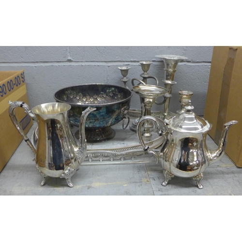 1184 - Silver plate, two large silver on copper trays, one handle broken, candelabra, trumpet vase, tea and... 