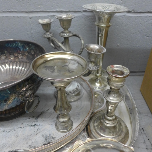 1184 - Silver plate, two large silver on copper trays, one handle broken, candelabra, trumpet vase, tea and... 