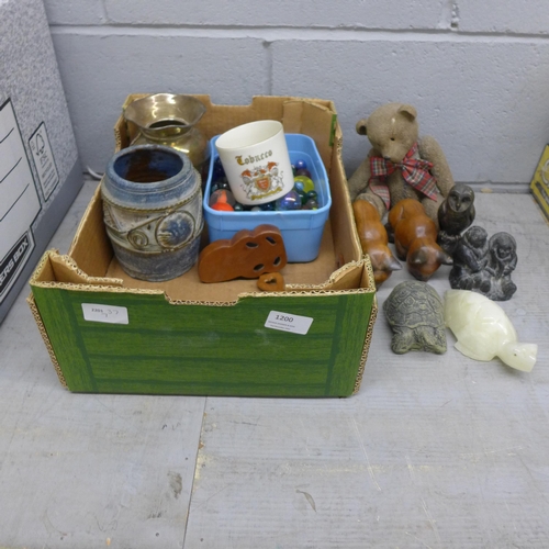 1200 - A box of mixed wooden items, a ceramic Teddy bear, metal vase, etc. **PLEASE NOTE THIS LOT IS NOT EL... 