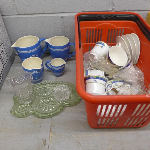 1201 - Glassware, china and a four piece blue and white kitchenware set (2 boxes) **PLEASE NOTE THIS LOT IS... 