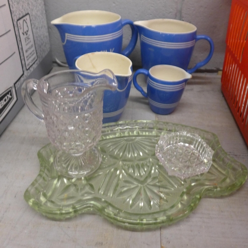 1201 - Glassware, china and a four piece blue and white kitchenware set (2 boxes) **PLEASE NOTE THIS LOT IS... 