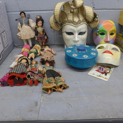 1202 - A collection of costume dolls, three Venetian masks and a retro biscuit tin **PLEASE NOTE THIS LOT I... 