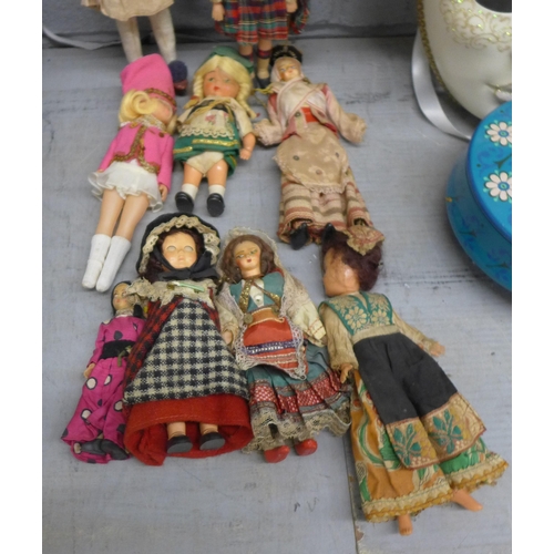 1202 - A collection of costume dolls, three Venetian masks and a retro biscuit tin **PLEASE NOTE THIS LOT I... 