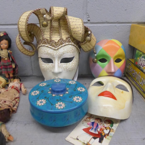 1202 - A collection of costume dolls, three Venetian masks and a retro biscuit tin **PLEASE NOTE THIS LOT I... 