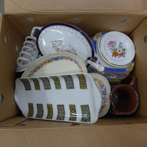 1205 - A collection of china including sandwich plates, and a collection of glassware, salad servers and a ... 