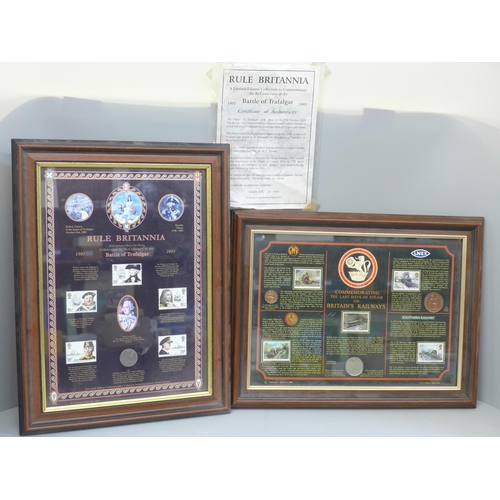 602 - Two framed commemorative displays, Last Days of Steam and Rule Britannia Trafalgar, coin and stamp d... 