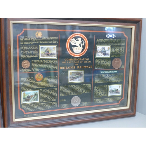 602 - Two framed commemorative displays, Last Days of Steam and Rule Britannia Trafalgar, coin and stamp d... 