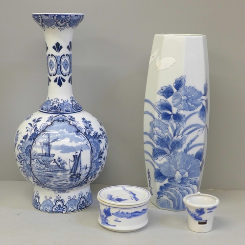 604 - A Delft vase, a blue and white oriental vase and two other items