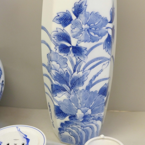 604 - A Delft vase, a blue and white oriental vase and two other items