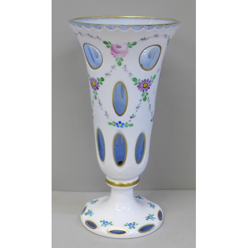 607 - A Bohemian overlay opaline glass vase, 20cm