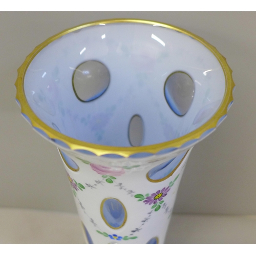 607 - A Bohemian overlay opaline glass vase, 20cm