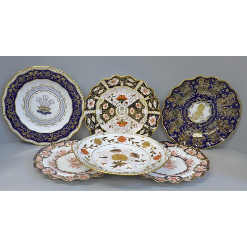 617 - Six Royal Crown Derby plates including three Royal Commemoratives; four with wavy edge