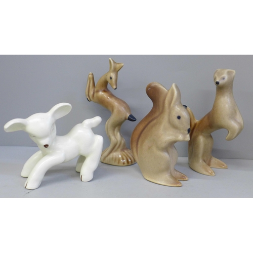 623 - Three Langley pottery animals and a Denby pottery lamb