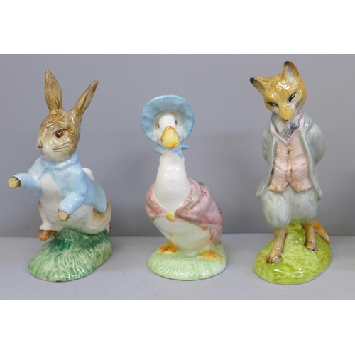 644 - Five Royal Albert and one Beswick Beatrix Potter figures, Jeremy Fisher, Mrs Tiggy Winkle Takes Tea,... 