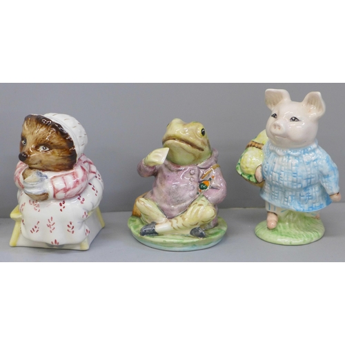 644 - Five Royal Albert and one Beswick Beatrix Potter figures, Jeremy Fisher, Mrs Tiggy Winkle Takes Tea,... 