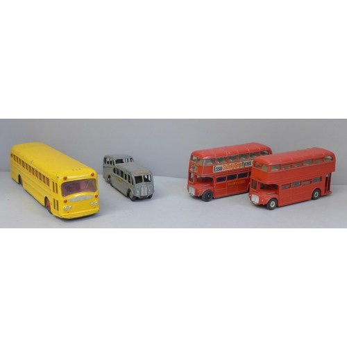 646 - Four vintage buses, Dinky Supertoys Wayne Bus, two Dinky Toys Routemaster buses, and a Dinky Toys Ob... 