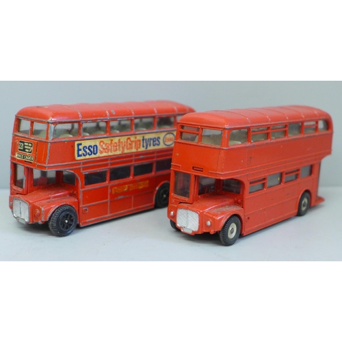 646 - Four vintage buses, Dinky Supertoys Wayne Bus, two Dinky Toys Routemaster buses, and a Dinky Toys Ob... 