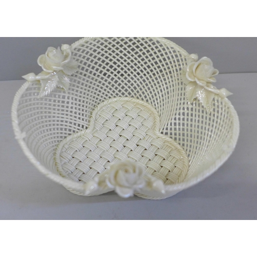 654 - An early Belleek Creamware lattice basket, 14cm