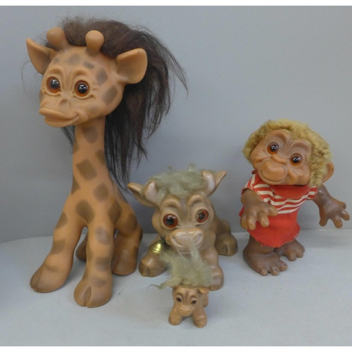 663 - Four Dam animal gonks, 1960s, made in Denmark