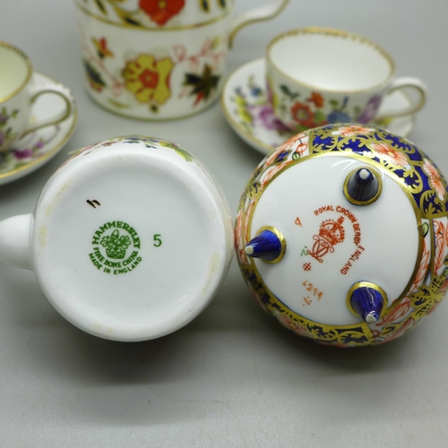 665A - A Royal Crown Derby Imari miniature bottle vase, tea pot and cauldron, a pair of Dresden miniature c... 