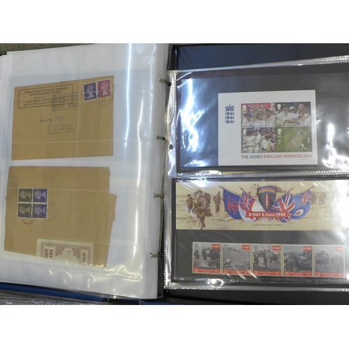 680 - An album of first day covers and some presentation packs, a £5 coin cover, an album of mixed stamps,... 