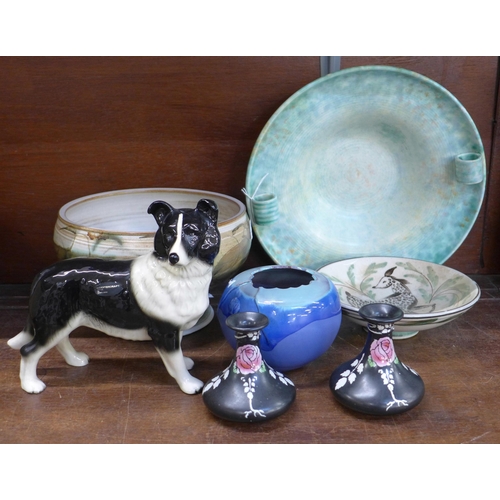 681 - A Beswick bowl, a pair of Shelley vases, a Coopercraft model of a dog, three hand signed items of po... 