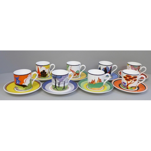 693 - A set of eight Wedgwood Bradford Exchange coffee cans and saucers, Centenary of Clarice Cliff