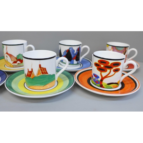 693 - A set of eight Wedgwood Bradford Exchange coffee cans and saucers, Centenary of Clarice Cliff