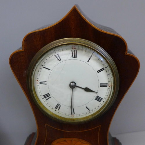 713 - An Edwardian inlaid mantle clock with key, a Maelzel metronome, a butterfly wing Art Deco style port... 