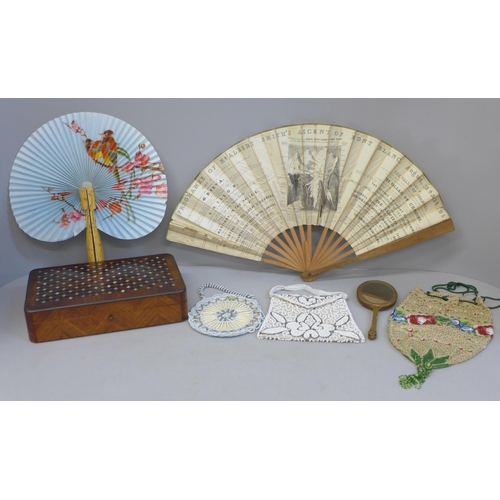 716 - Two fans, one made from an 1851 Mont Blanc page, a butterfly mirror and three beaded purses