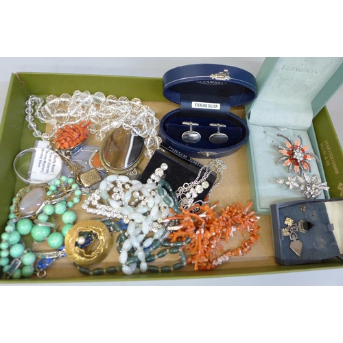 720 - Costume jewellery, an agate slice brooch, silver Christening bangle, etc.