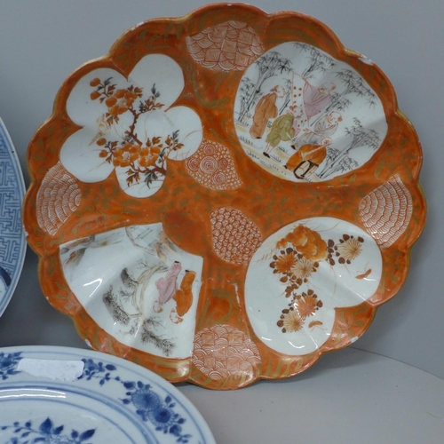 726 - Four Chinese export blue and white plates, a Kutani plate and four white china models of horses