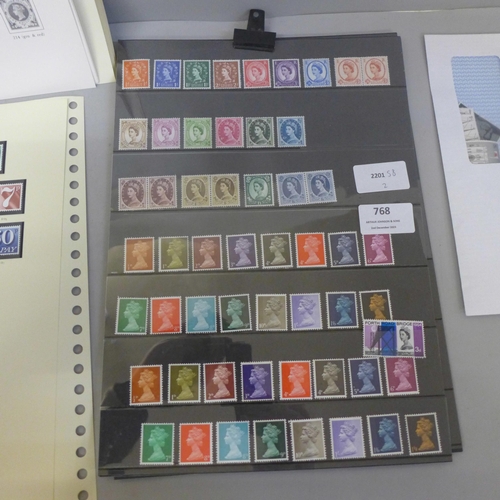 768 - Mint stamps on stock cards and sheets of stamp errors