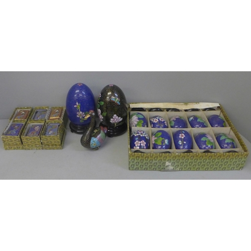 775 - Cloisonne eggs and stands and six cloisonne boxes