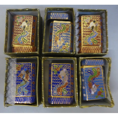 775 - Cloisonne eggs and stands and six cloisonne boxes