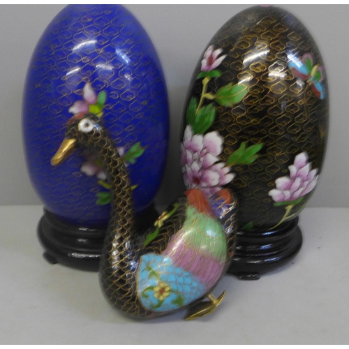 775 - Cloisonne eggs and stands and six cloisonne boxes