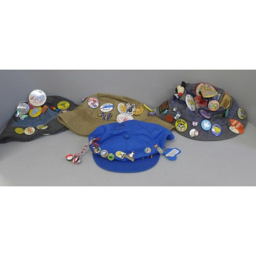 787 - Four hats with Scout/Girl Guide and other badges