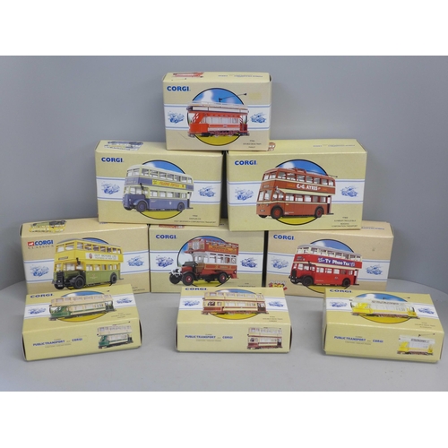 796 - A collection of Corgi Public Transport die-cast trams and buses, all boxed (9)