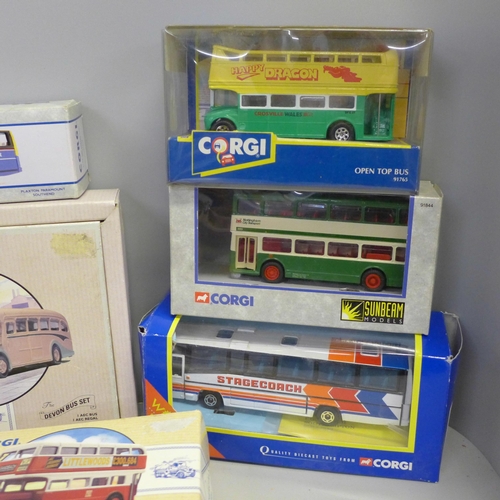 798 - Twelve Corgi die-cast model buses, boxed, including The Devon Bus Set