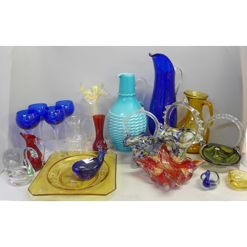 807 - A collection of glassware including Murano baskets and coloured glass, a blue glass drink set with j... 