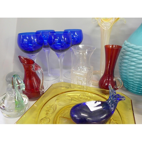 807 - A collection of glassware including Murano baskets and coloured glass, a blue glass drink set with j... 