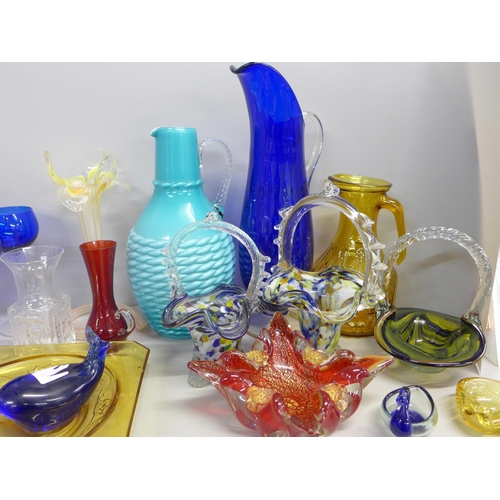 807 - A collection of glassware including Murano baskets and coloured glass, a blue glass drink set with j... 