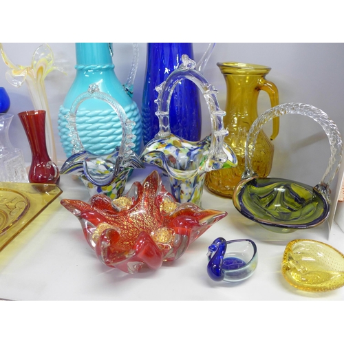 807 - A collection of glassware including Murano baskets and coloured glass, a blue glass drink set with j... 