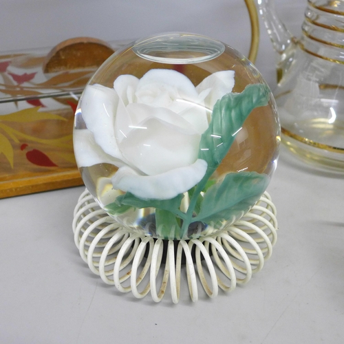 810 - A French biscuit box, an inlaid tray decorated with flowers, Sorrento ware, and a glass jug decorate... 